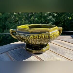 Vintage Green Glazed Pedestal Pottery Planter Round With Handles